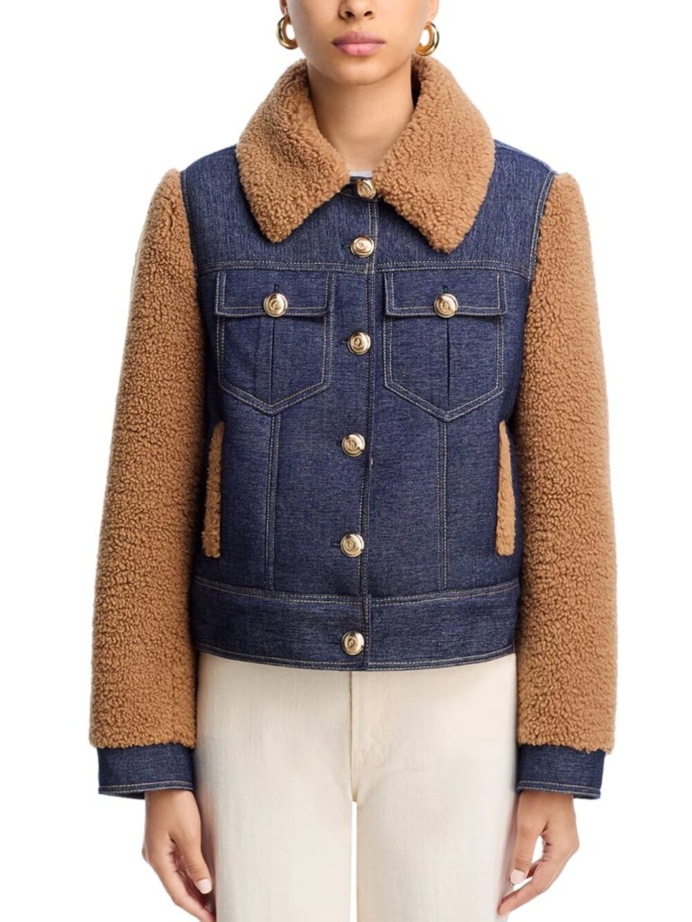 (NWOT) Cinq à Sept Belinda Faux Shearling & Denim Colorblock Denim Jacket